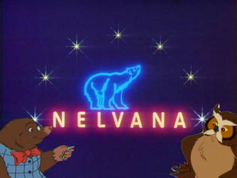 Mr. Owl and Mr. Mole look at the Nelvana neon logo