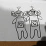 Tinky Winky and Po drawing on a whiteboard