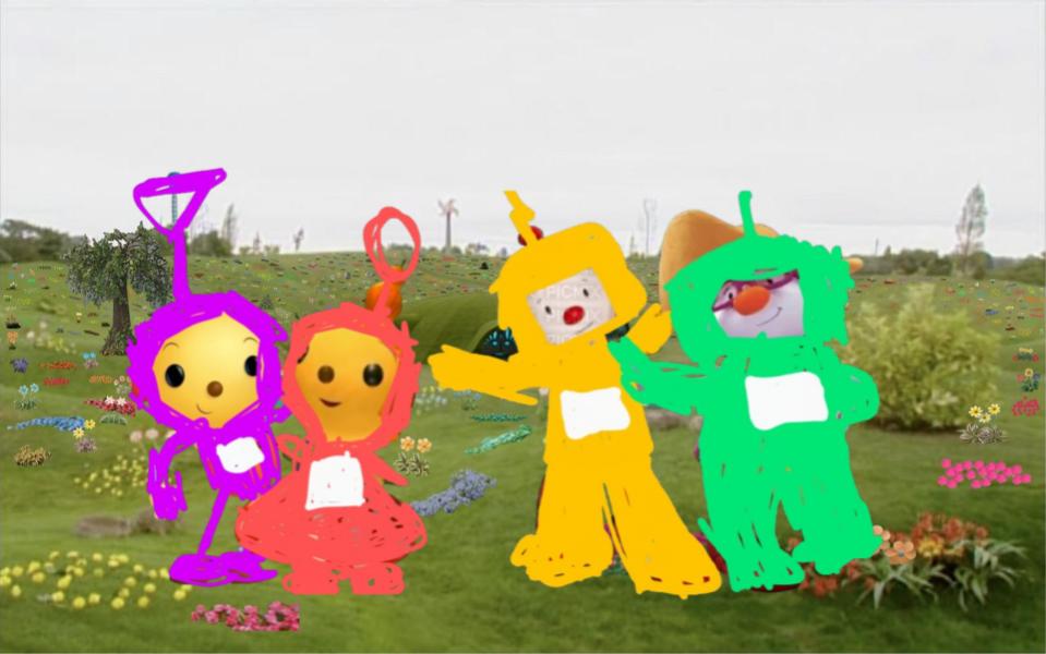 Olie, Pollie, JoJo, and Skeebo in Teletubbyland