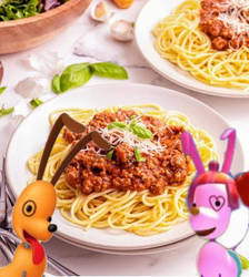 Spot and Fifi having spaghetti