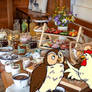 Owl and Hen having breakfast at a farm