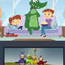 Mikey, Mom, and Al watch Teletubbies on TV