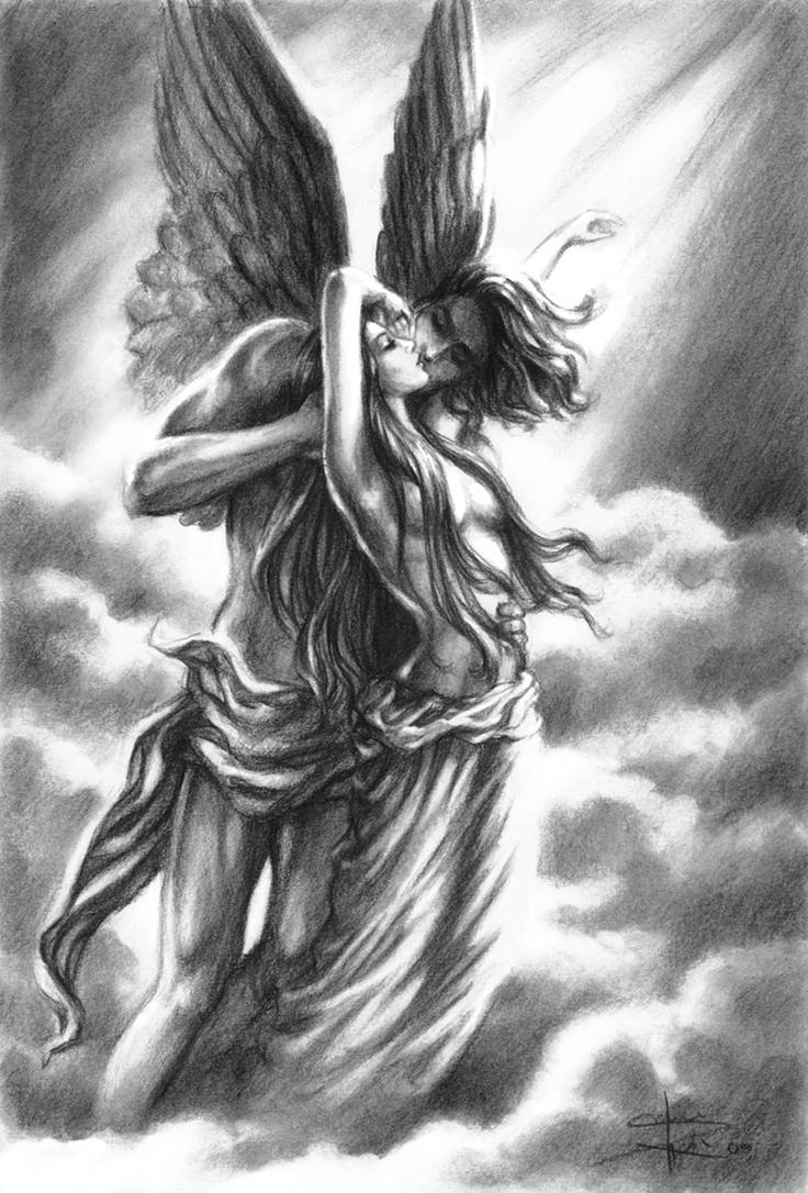 Ангел влюбился в демона. Ангел рисунок. Ангел рисунок карандашом. Рисунки карандашом фэнтези. Влюбленные ангелы.