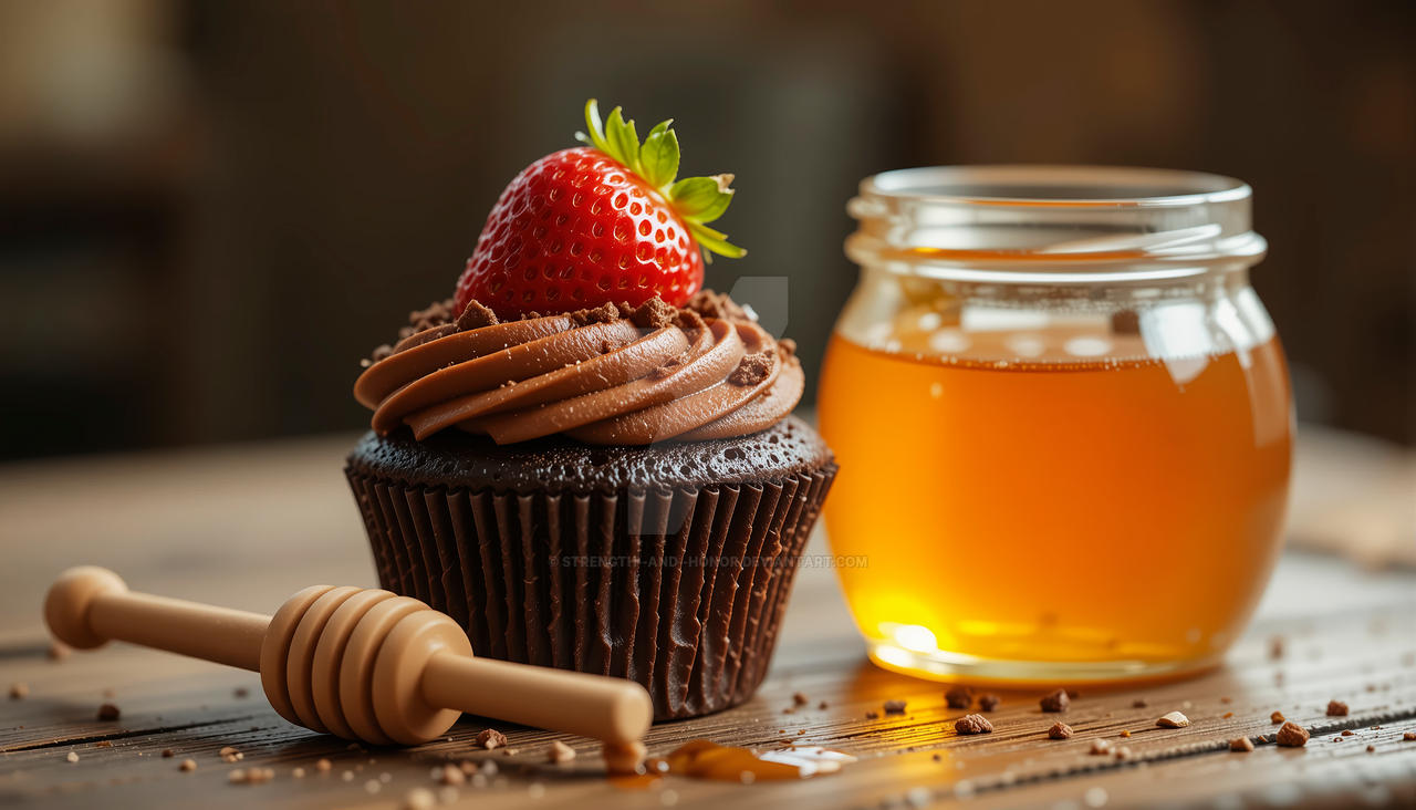 Chocolate Muffin with cream, strawberry and honey.
