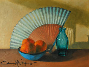 Aqua Blue Glass and Fan with Oranges in Cyan Bowl