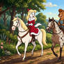 Minerva Mink and Julie Bruin riding horses