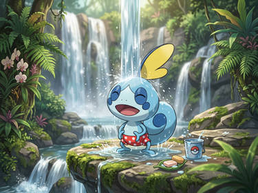 Sobble showering on the waterfalls