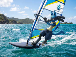 Lucario windsurfing on the ocean