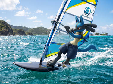 Lucario windsurfing on the ocean