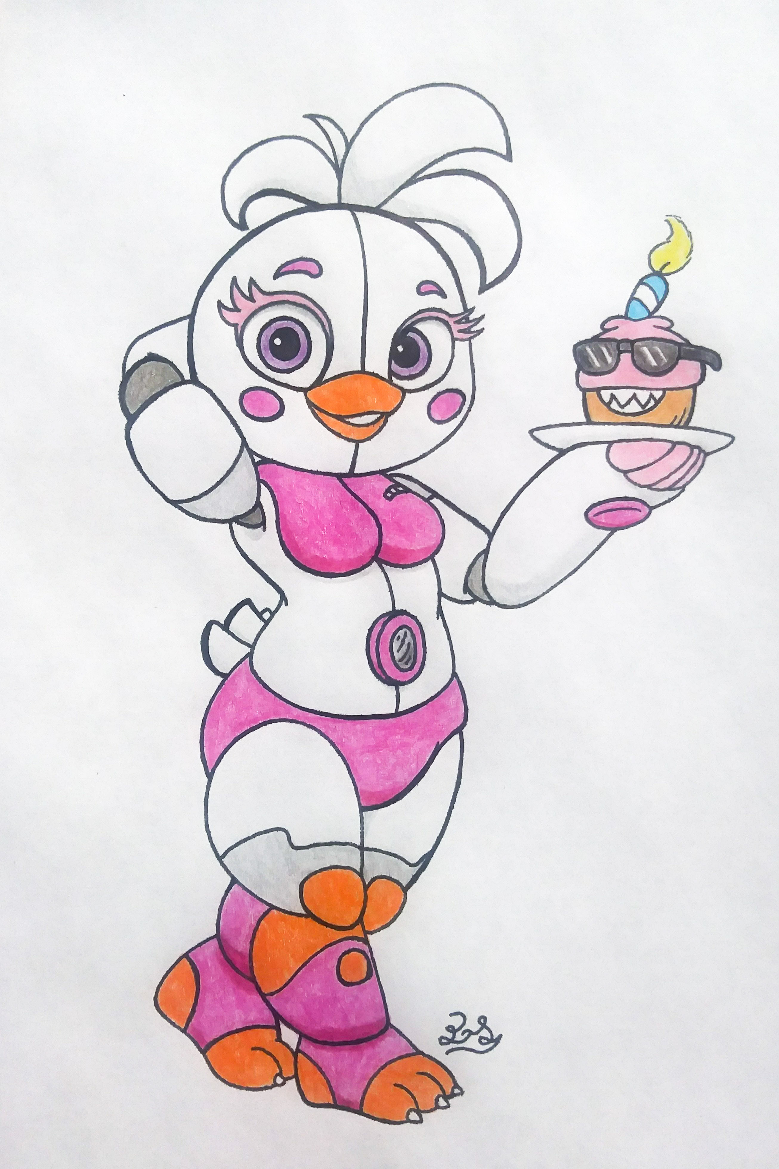Digital, 2d, 1920's cartoon, up close, full body shot of, disney, fnaf,  chibi, adorable funtime chica, sitting on a white cloud, with a blue sky  backdrop, in-cartoon screenshot, in-cartoon accuracy, high quality