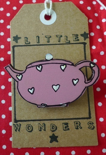 Pink Teapbot Brooch with White Hearts