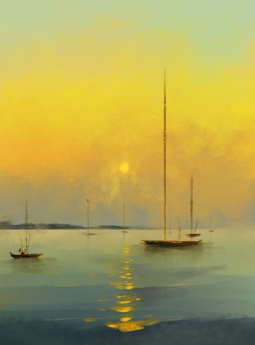 Boats on Fogy Sunset