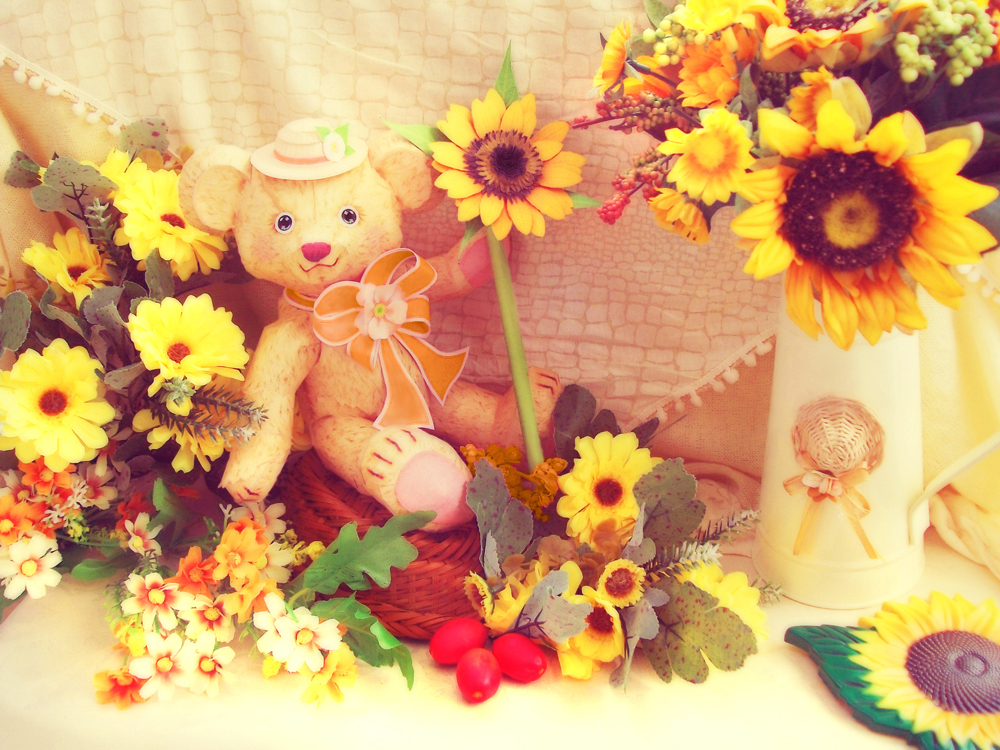 Childhood Summer Memories ~ Teddy Among Sunflowers