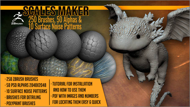 Scales Maker: 250 ZBrush Brushes, 50 Alphas