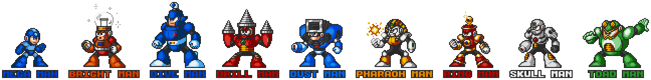 Mega Man 4 robot masters in Mega Man 7 style.