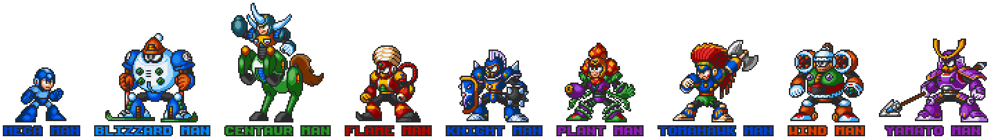 Mega Man 6 robot masters in Mega Man 7 style.