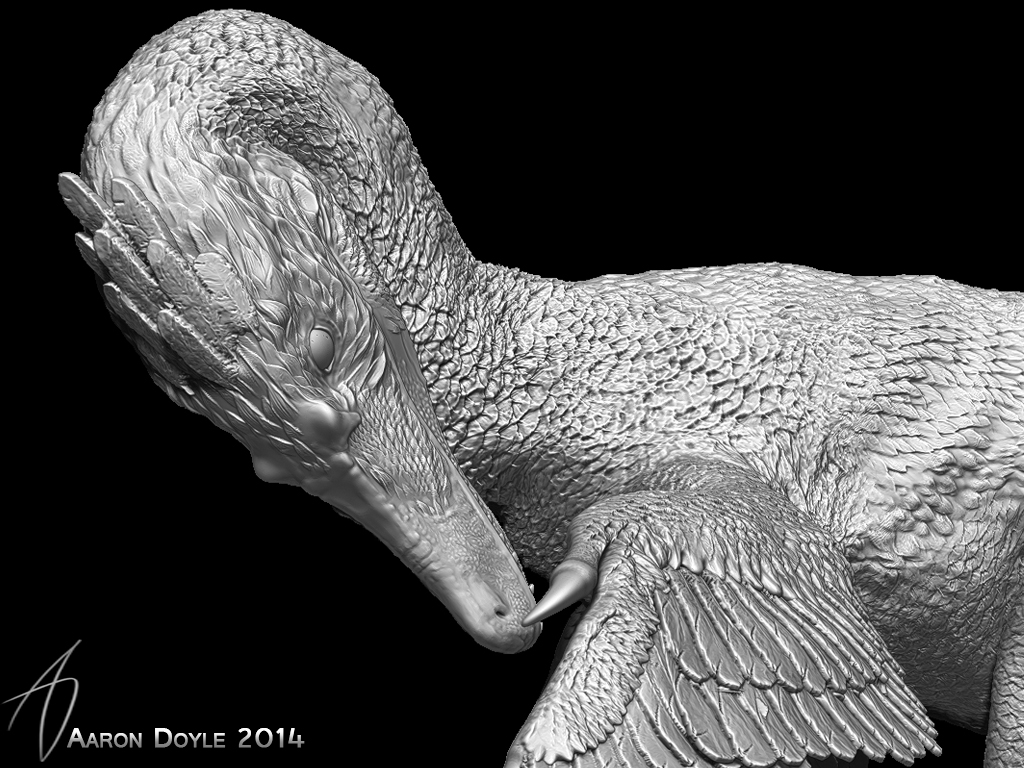 Preening Velociraptor sculpt close-up