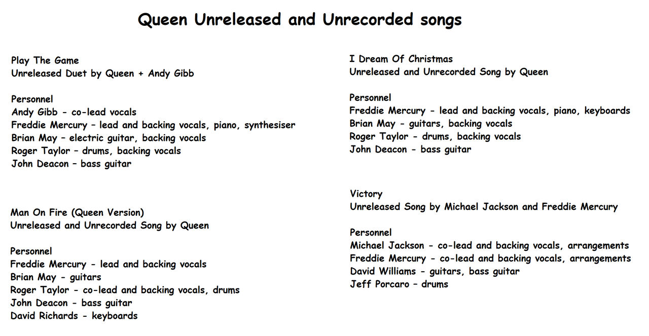 Queen Unreleased and Unrecorded Songs by RJRedman19 on DeviantArt