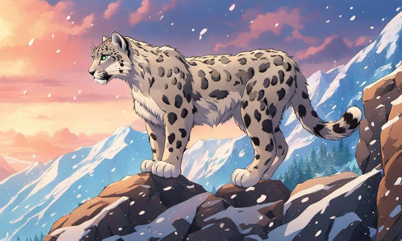 A whimsical scene of a snow leopard in a storm
