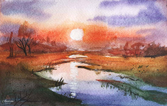 Sunset Landscape Watercolor Painting
