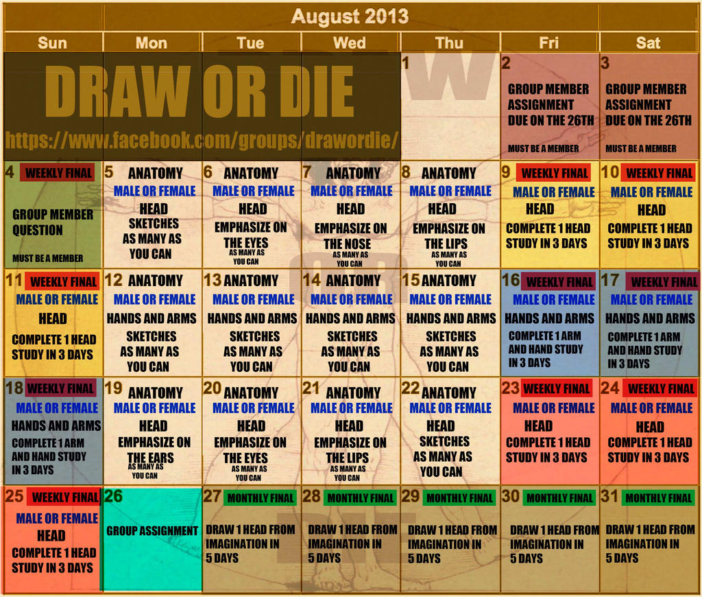 August DRAW OR DIE calendar