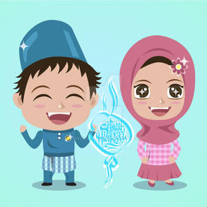 Vector Illustration Hari Raya Celebration Boy Girl