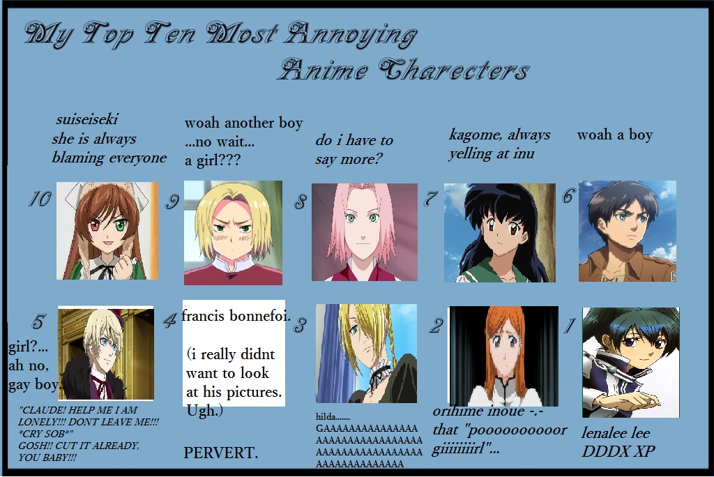 top ten most annoying characters meme by chiorihime on DeviantArt top ten most annoying characters meme by chiorihime on DeviantArt