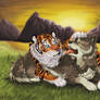 A tiger hugs a wolf