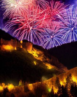 Fireworks Over a Mountain Castle