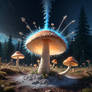 A radiant glowing mushroom releases spores