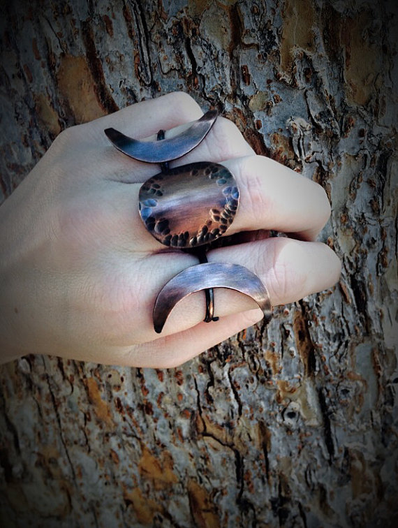 Copper Triple Goddess Moon Ring Set