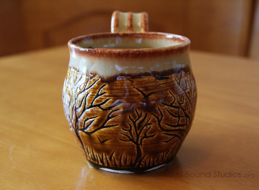 Ceramic Brown and Beige Tree Themed Mug by pixelboundstudios
