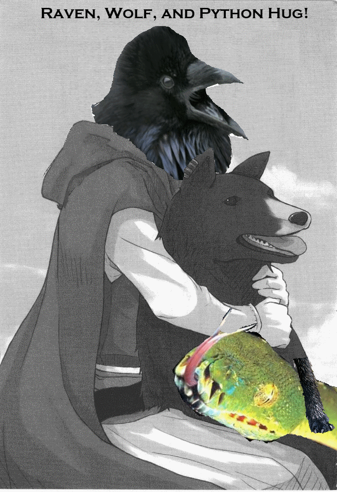 Wolf, Raven, and Python by graymanichean on DeviantArt
