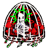 A pixel cage contains the skeleton of a bird. The bird has a neon green, spiky halo. The bird is surrounded by red, monochrome mushrooms. The cage is animated, with various green beads attached to the ottom of the cage by red threads, swinging upwards in an invisible wind. In the middle, there is a white feather instead of a green bead attached to the cage's bottom.