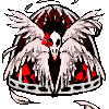 A white cage, with the white skull of a bird in the middle (the beak is colored red). There are six white wings splitting out of the cage, surrounding the bird skull. The figure has an inky black halo behind the skull, and the entire figure in the cage is surrounded by red mushrooms. The image is animted, with white feathers spiralling up around the cage.