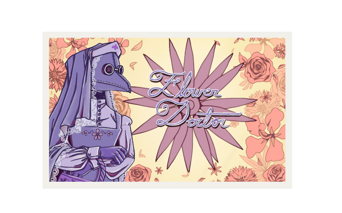 A purple plague doctor covered in a clear, lacy veil and wearing a poofy victorian style shirt with a simple dress. The dress has cartoony pink flowers on the top edge. The background is a creamy yellow, and has various pink flowers in various sizes around the edges. There is a large purple daisy flower in the middle of the image. Over the daisy, is the words 