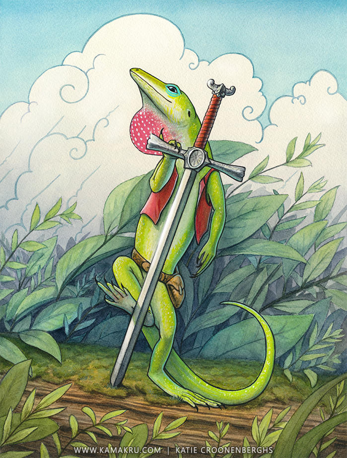 Green Anole Page of Swords Tarot Card