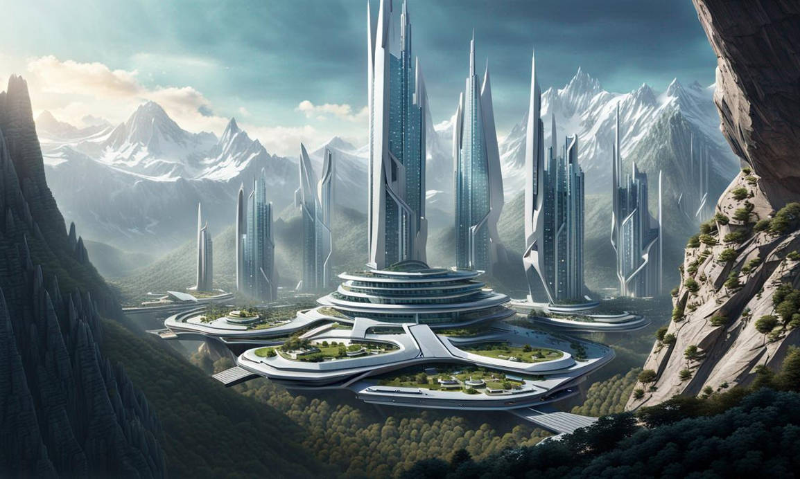 A futuristic city located in the mountains