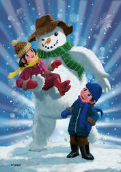 Children and Snowman playing together