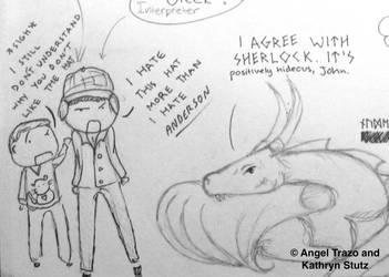 John, Sherlock, and Smaug discuss a Deerstalker