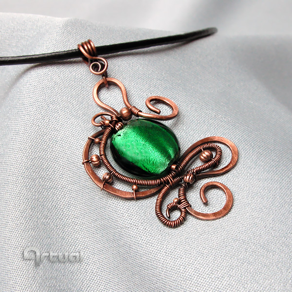 Hammered copper pendant with dichroic glass