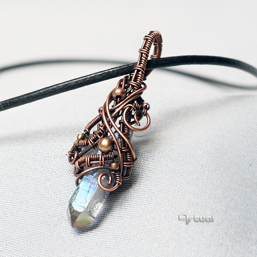 Boho pendant with angel aura quartz crystal