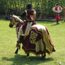 Knight red golden on a horse walking away