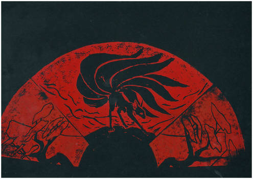 Japanese-styled Fan, Lino Print 1 - Flame