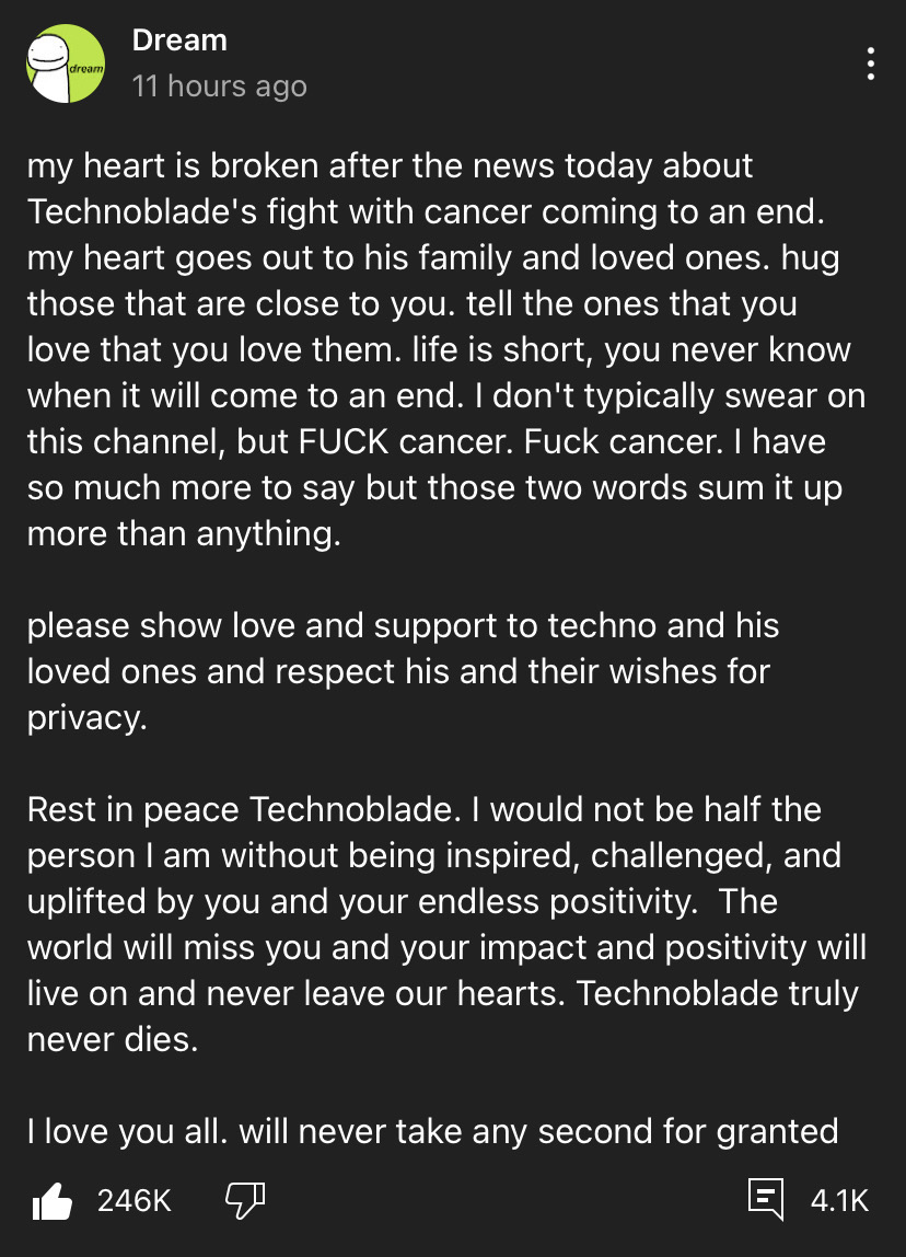 Rest In Peace Technoblade. (Please read)