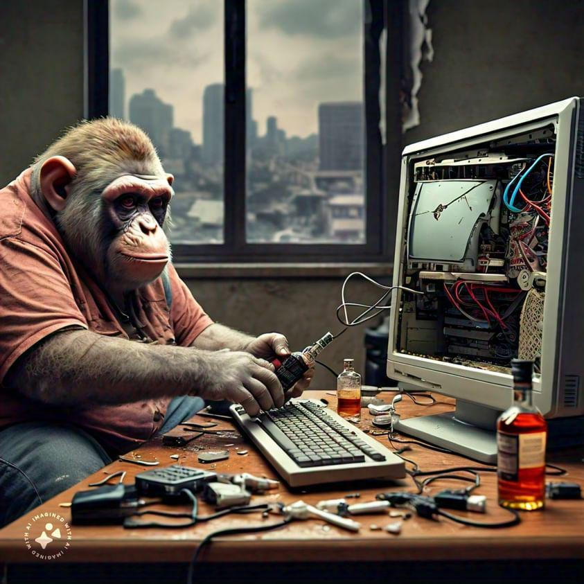 Monkey Drinking Fixing a Computer AI by IronCobraCommander99 on DeviantArt