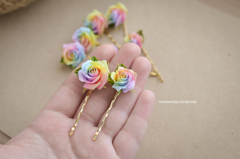 Pastel rainbow roses hairpin