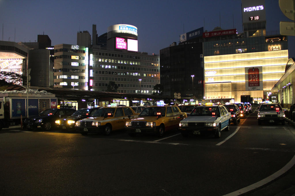 Night Time at Taxi Stand at Yokohama Train Station