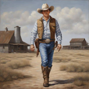 A realistic oil painting depicting a full body vie