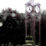 Clock tower on rainy day